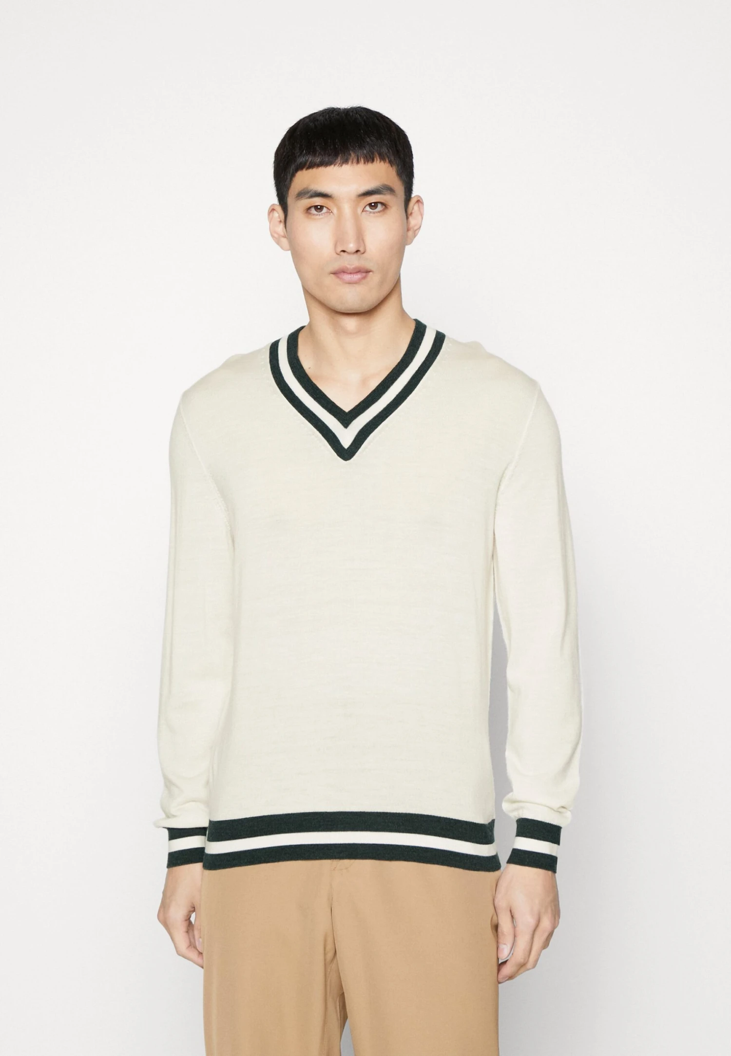 Hackett London Contrast Trim V Neck - Vest - Ecru/Green 1 Hackett London Contrast Trim V Neck - Vest - Ecru/Green