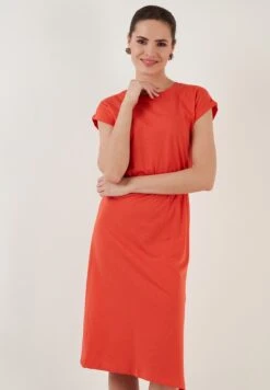 LELA Short Sleeve Midi - Jurk - Brick Red -Mode Kleding Winkel a104e0761a2f48eab030ed8cc7355f59